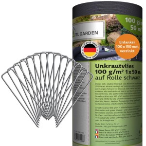 TTL GARDEN Unkrautvlies 100g/m² 1x50m 50m² Rolle Schwarz Inkl. 100 Erdanker 150mm Schwarz Gartenvlies Mulchvlies UV-stabil