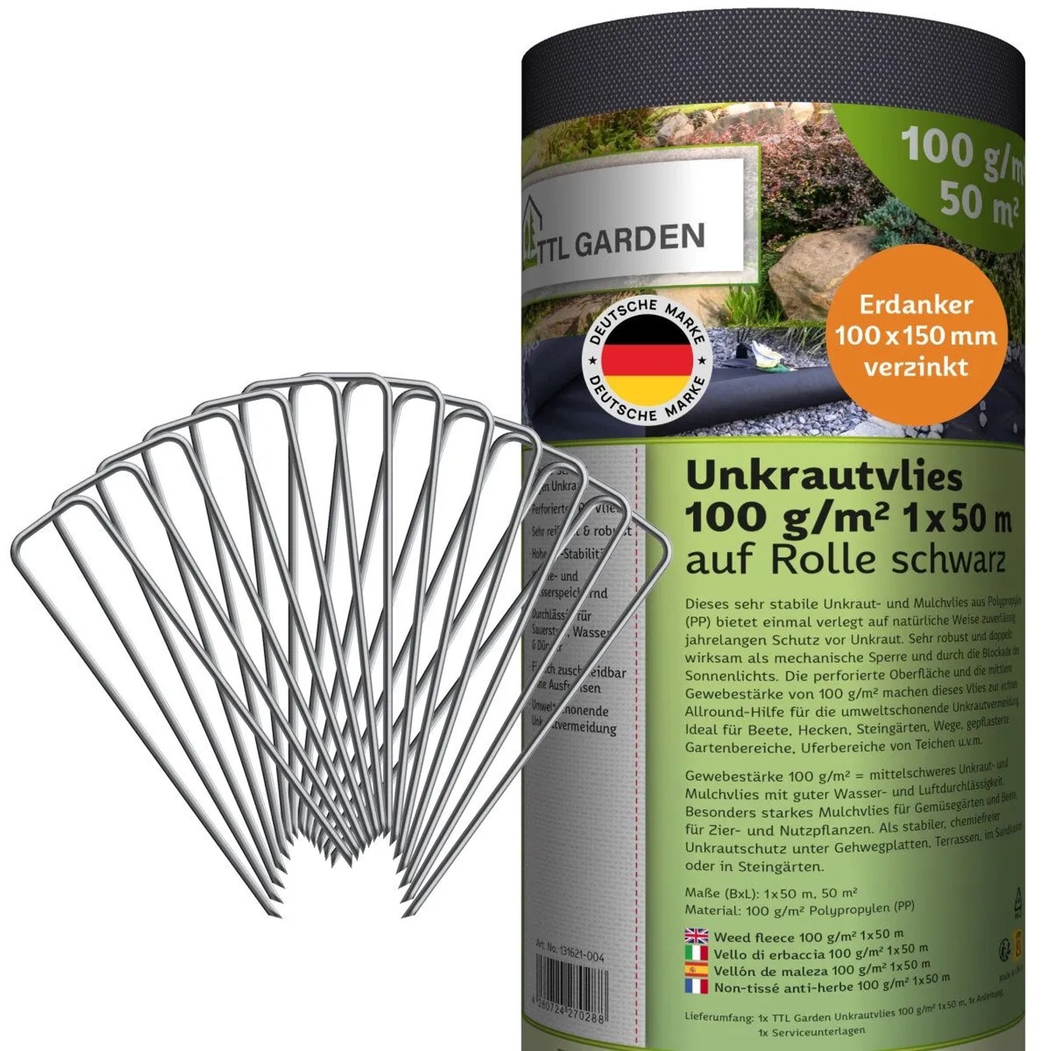 TTL GARDEN Unkrautvlies 100g/m² 1x50m 50m² Rolle Schwarz Inkl. 100 Erdanker 150mm Schwarz Gartenvlies Mulchvlies UV-stabil