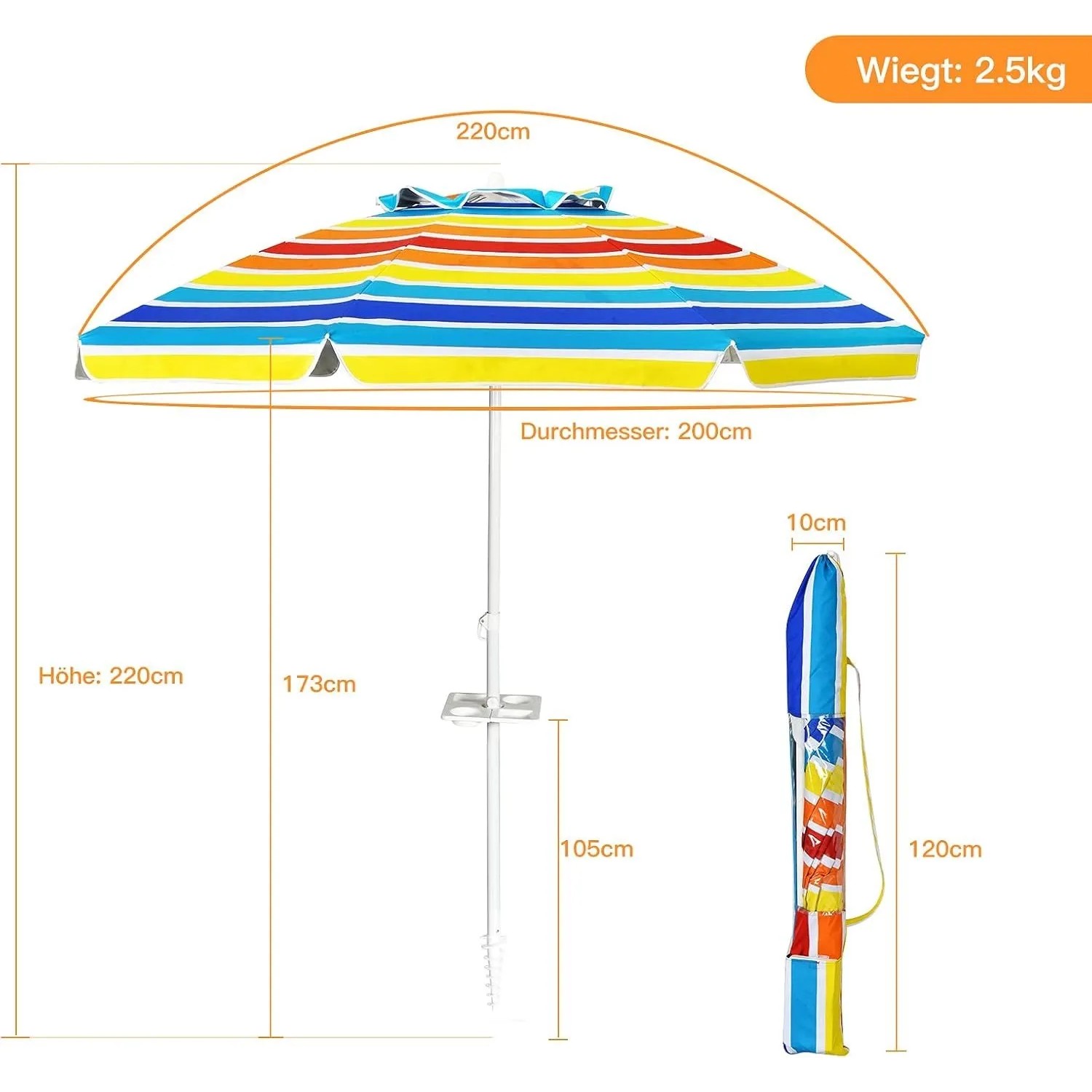 COSTWAY Sonnenschirm, 200 cm, bunt gestreift, mit Getränkehalter und Tragetasche.