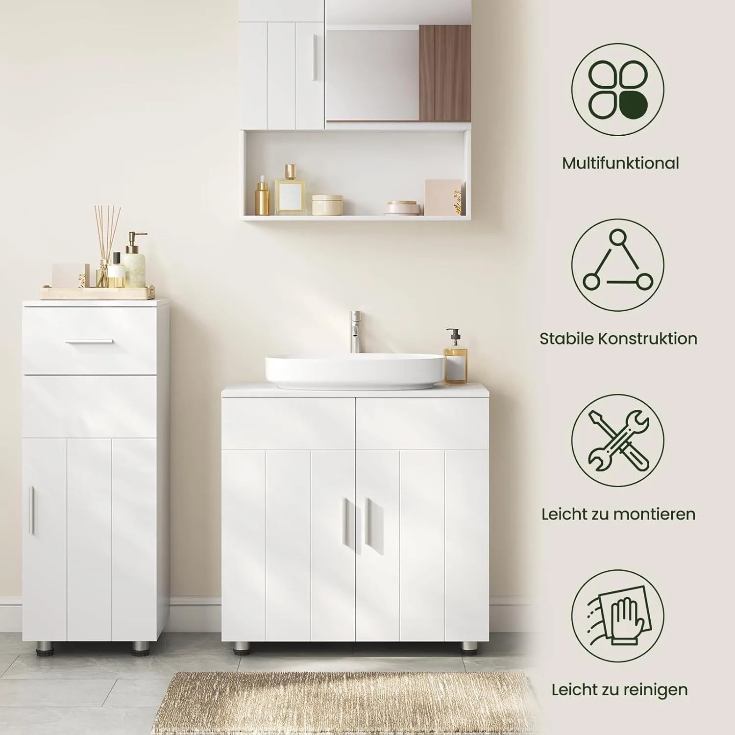 Weißer MDF Waschbeckenunterschrank Landhausstil mit 2 Türen, Metallscharnieren und Waschbecken im Bad.
