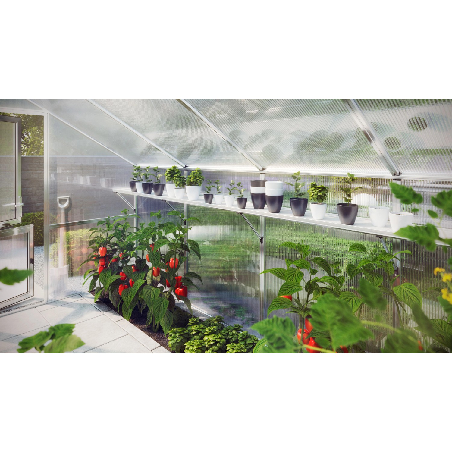 KGT Hängebord Rose III Alu blank, 26 cm tief, im Gewächshaus mit Pflanzen.