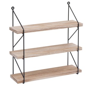 BERLINLODGE Wandregal mit 3 naturbelassenen Paulownia-Holzböden und schwarzem Metallgestell im Industrial Design.