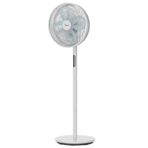 Weißer Midea Standventilator mit Doppel-Flügeldesign für angenehme Kühlung.