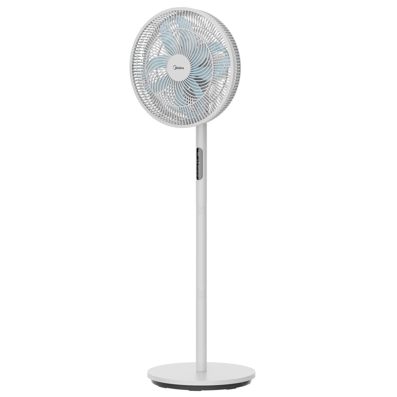 Weißer Midea Standventilator mit Doppel-Flügeldesign für angenehme Kühlung.