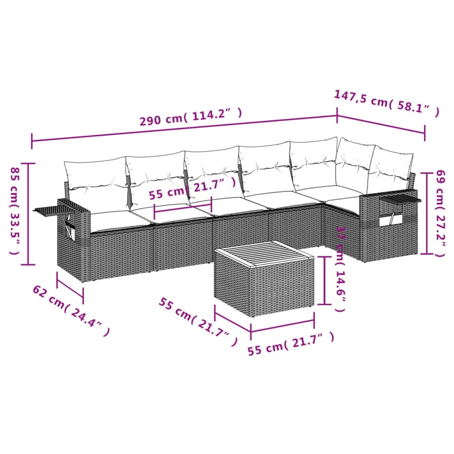 Beige 7-tlg. vidaXL Garten-Sofagarnitur aus Rattan mit Kissen. Gartenmöbel-Set mit Tisch und Ecksofa.