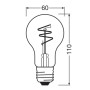Skizze einer Osram LED-Lampe E27 in Glühbirnenform A60 mit Spiralfilament und Maßangaben.
