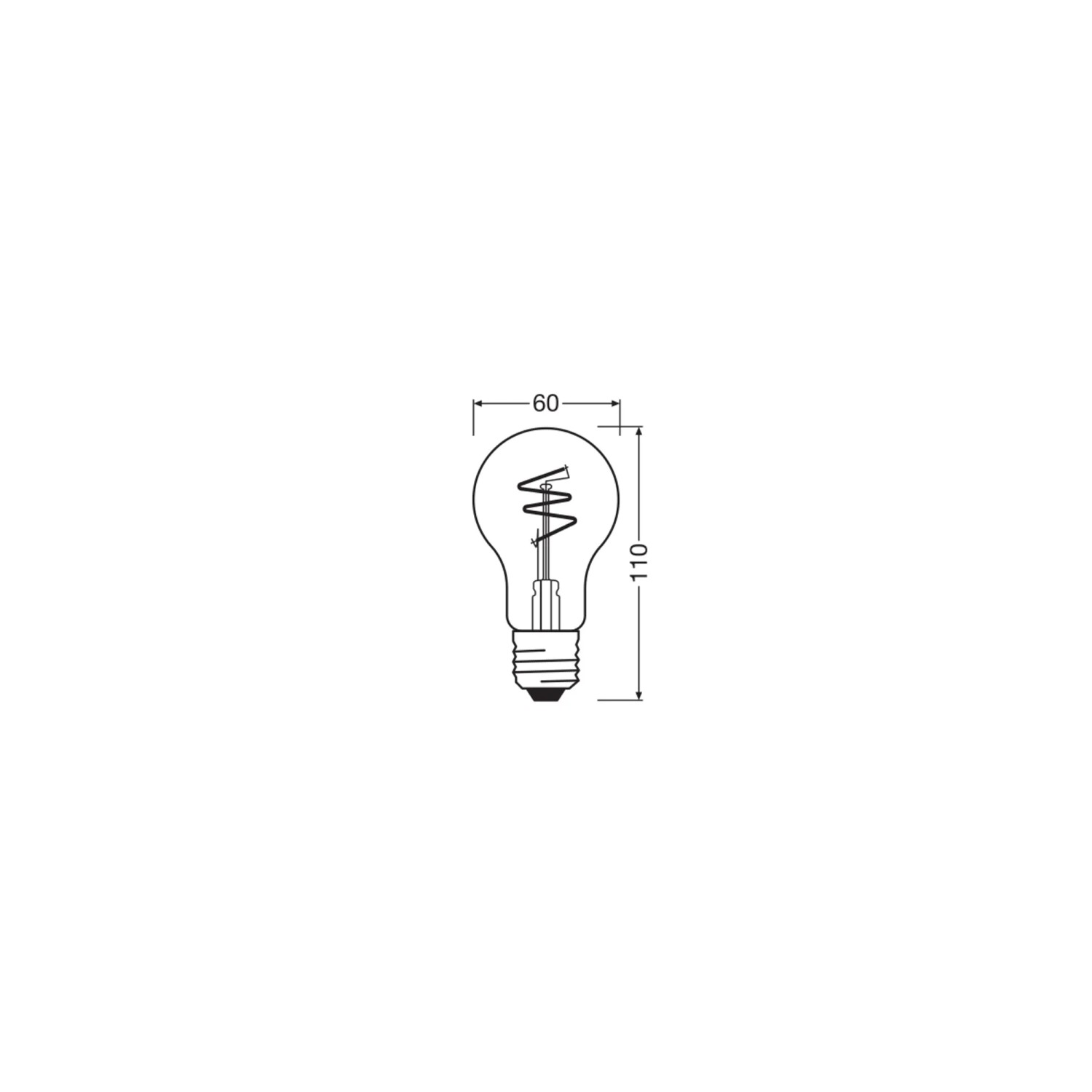 Skizze einer Osram LED-Lampe E27 in Glühbirnenform A60 mit Spiralfilament und Maßangaben.