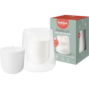 Bolsius Cleanlight Starterkit: Weißer Kerzenhalter aus Glas mit Nachfüller ohne Duft.