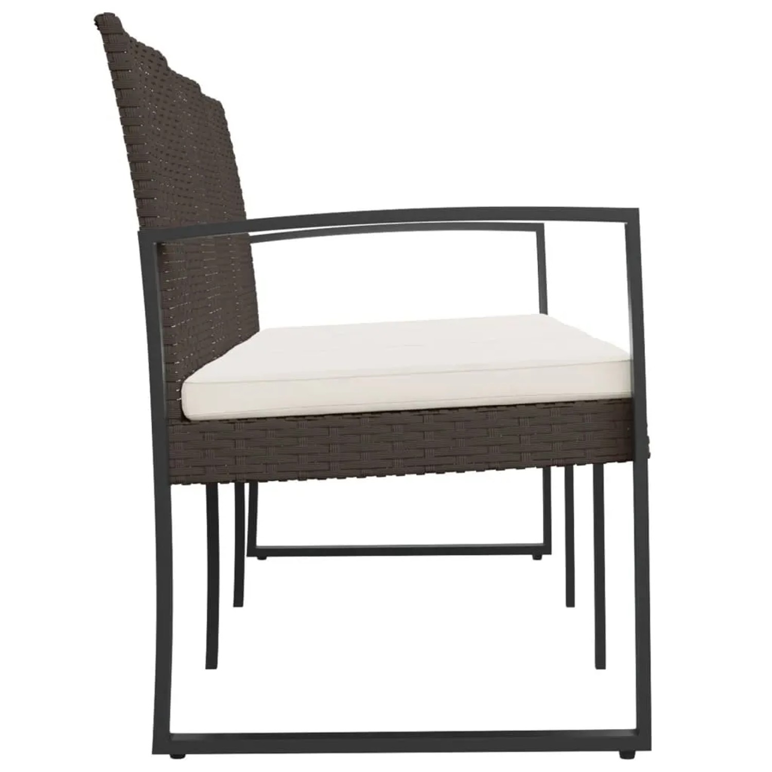 Braune 3-Sitzer Gartenbank mit Kissen, Rattan-Optik und Stahlrahmen. Seitliche Ansicht.