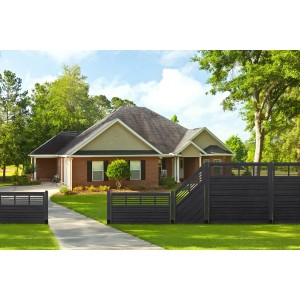 Anthrazitfarbener Sichtschutzzaun Nicea (90x180cm) aus Kiefernholz vor einem Haus.