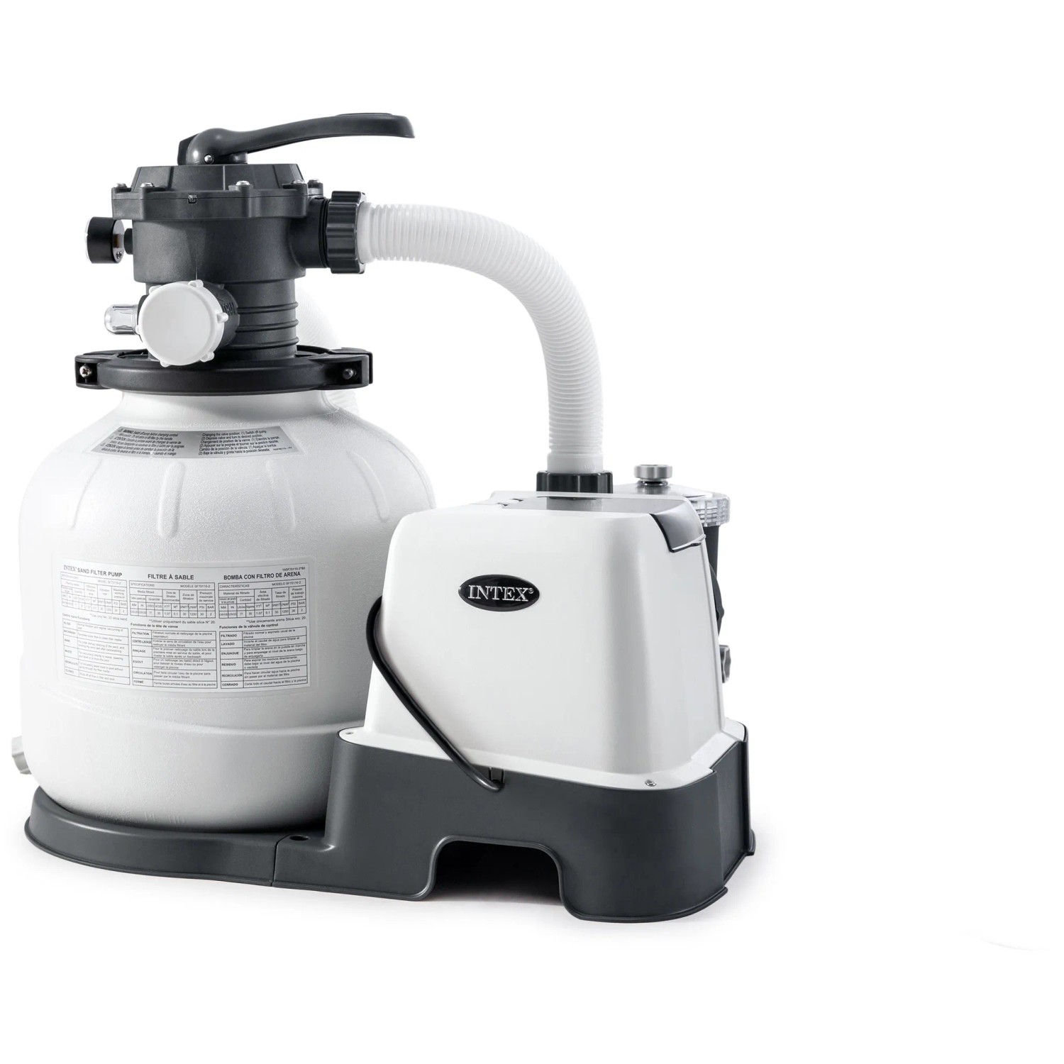 Intex Sandfilteranlage für Frame Pool Sets, weiße Filterpumpe mit Schlauch.