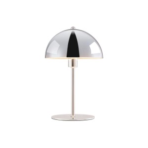 Moderne Vente-unique Tischlampe Ontario, silberfarben, mit glänzendem Kuppelschirm und schlankem Fuß, beleuchtet.
