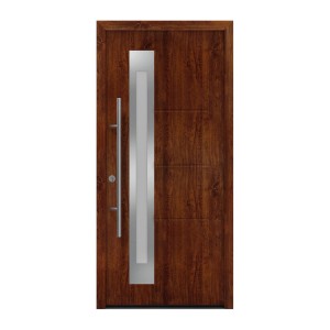 EcoStar Haustür Isopro Secur IPS 780S Dark Oak mit Glasausschnitt und Edelstahlgriff.