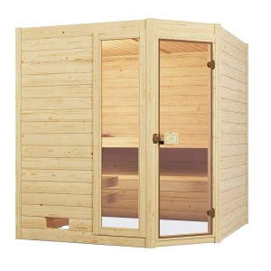 Weka Massivholzsauna Valida Eck mit Glastür und Fenster, naturbelassenes Fichtenholz.