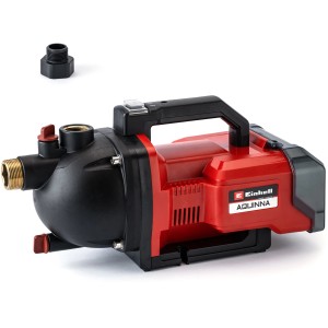 Einhell Aquinna Akku-Gartenpumpe, rot/schwarz, mit Tragegriff und Zubehör für flexible Gartenbewässerung.