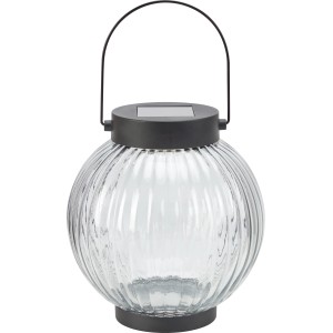 Solar-LED-Hängeleuchte Agordo mit Kugel-Design und klarem Glas für Garten und Balkon.