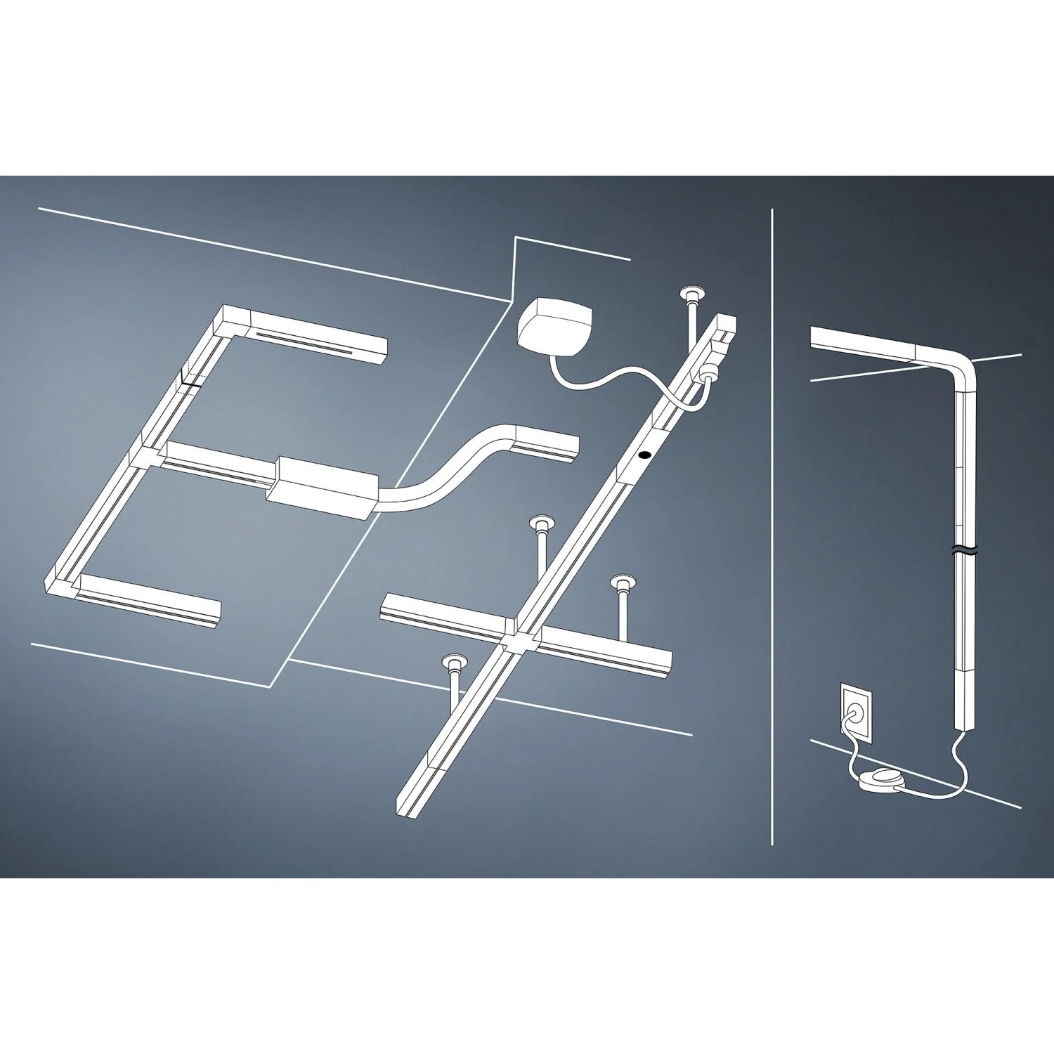 Illustration eines URail LED-Schienensystems mit T-Stück Verbinder in Signalweiß.
