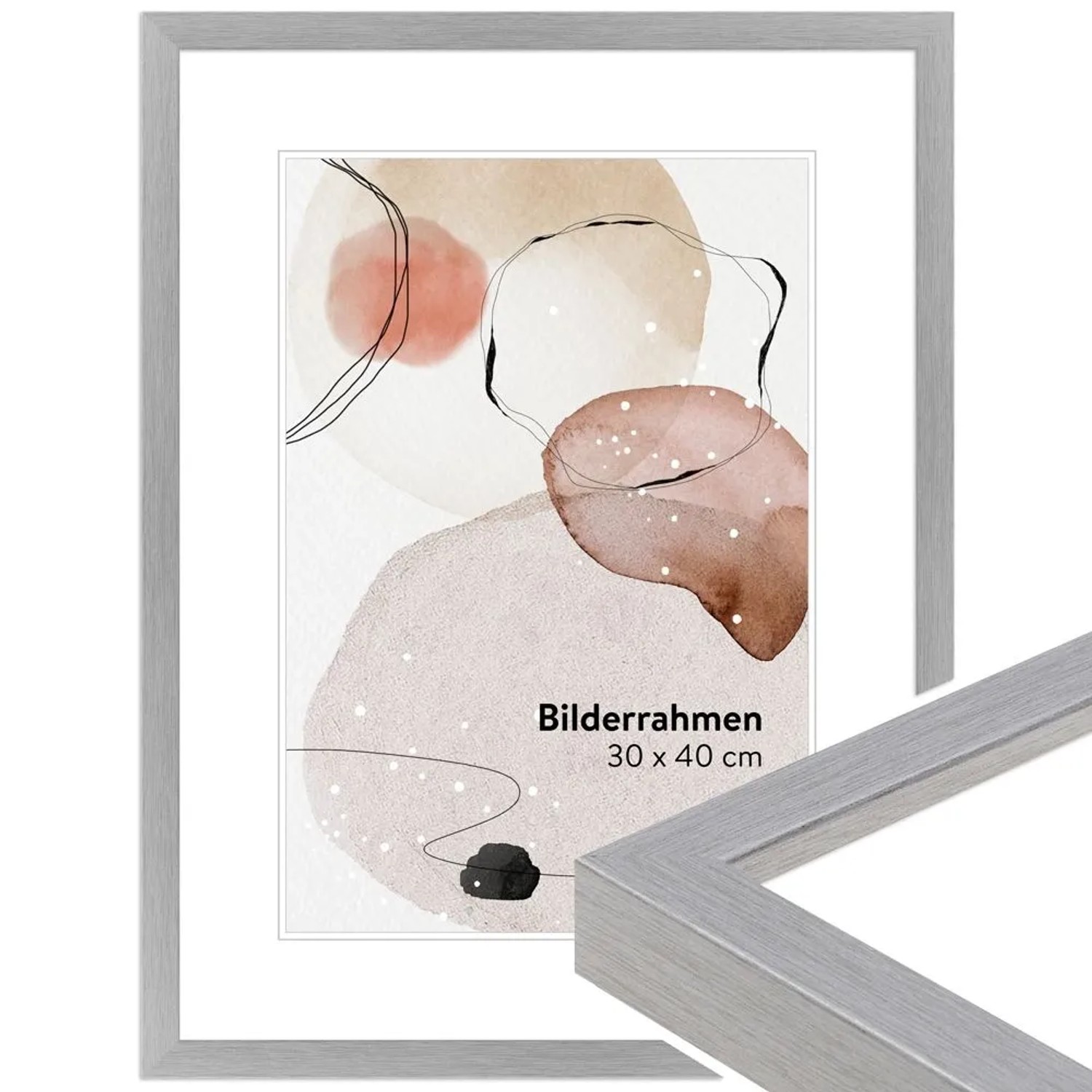 Moderner silberner Massivholz Bilderrahmen 18x24 cm mit schmaler, gebürsteter Leiste und Echtglas. Für Fotos.