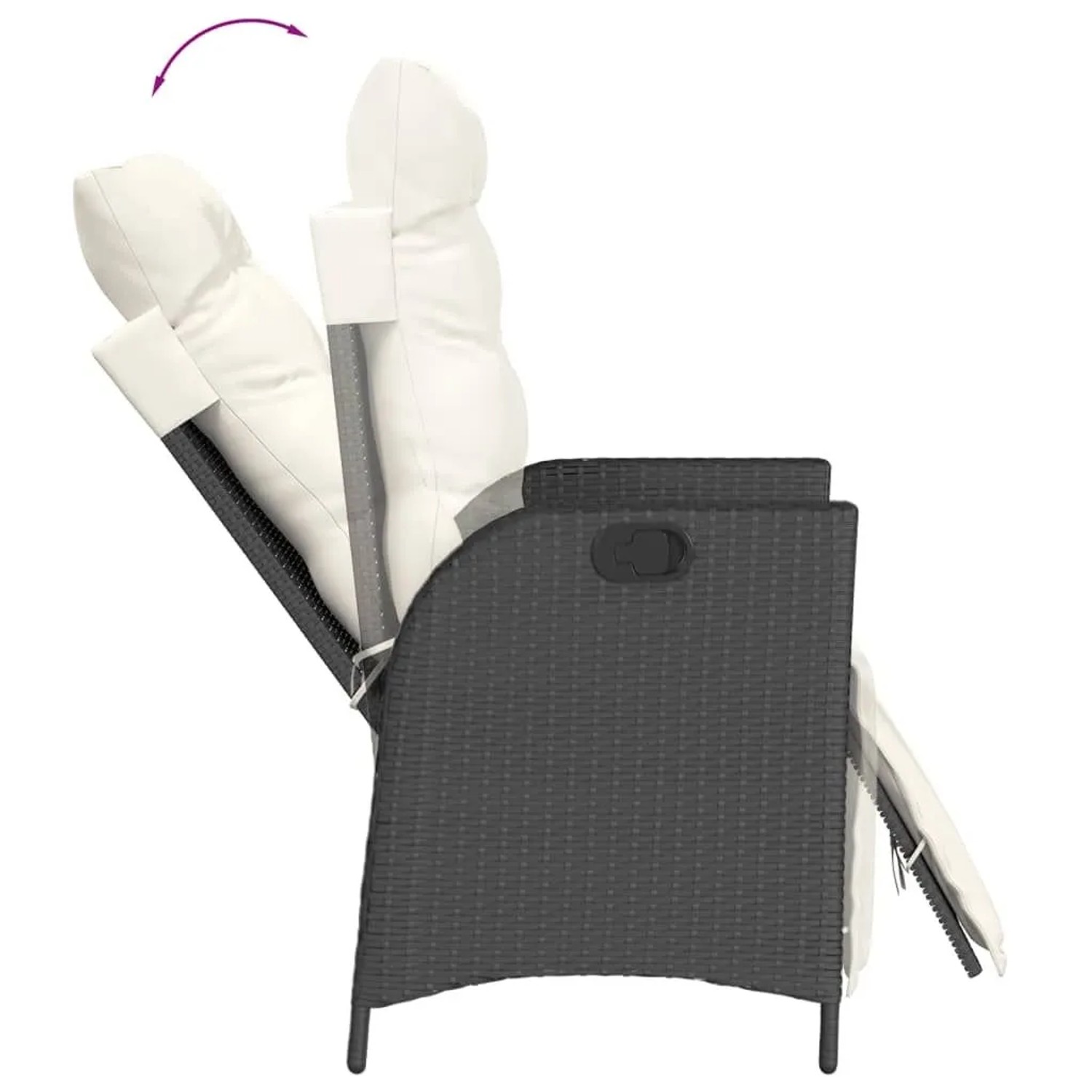 Verstellbarer vidaXL Gartensessel mit Fußteil, schwarzes Poly Rattan mit cremeweißen Kissen.