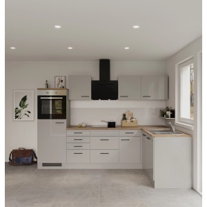 Flex-Well Winkelküche Lund in Lichtgrau glänzend/Rauchgrau mit E-Geräten und schwarzer Dunstabzugshaube.