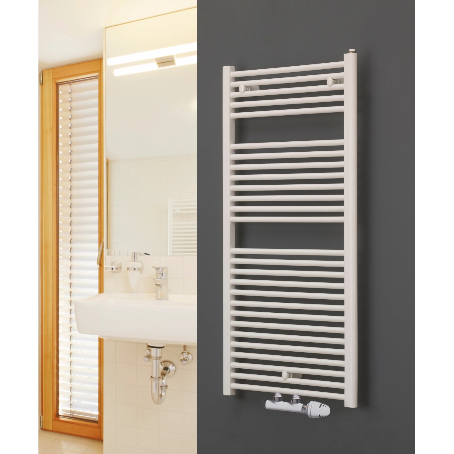 Weißer Ximax Badheizkörper Tip, 1691x600 mm, 921 Watt, mit Mittenanschluss im Badezimmer.