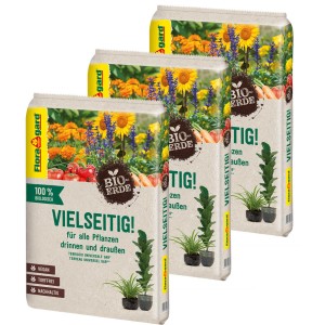 Drei Säcke Floragard Bio-Universalerde Vielseitig (3 x 10 l) mit Blumenmotiv.
