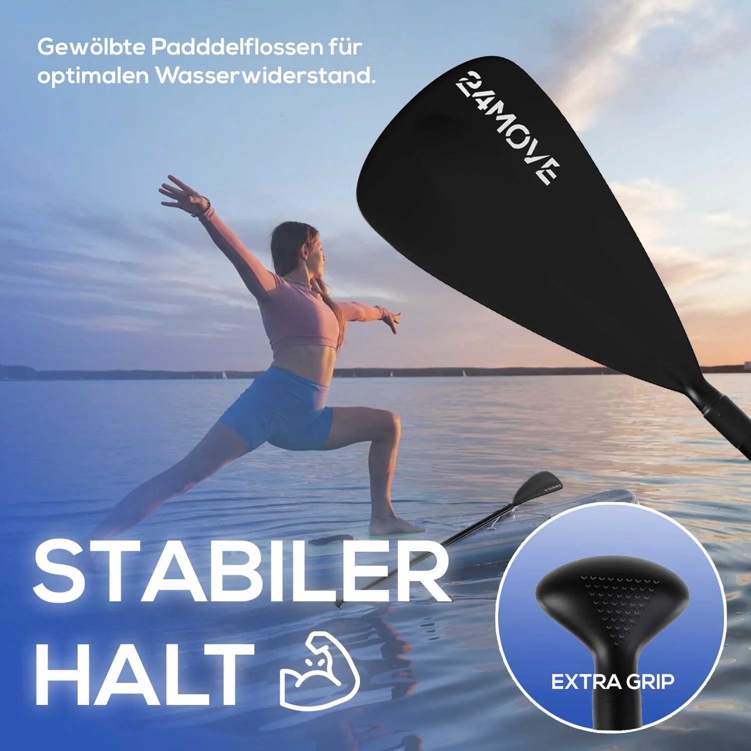 Schwarzes 24MOVE SUP Paddel aus Aluminium, 210cm, mit Frau auf dem Wasser.