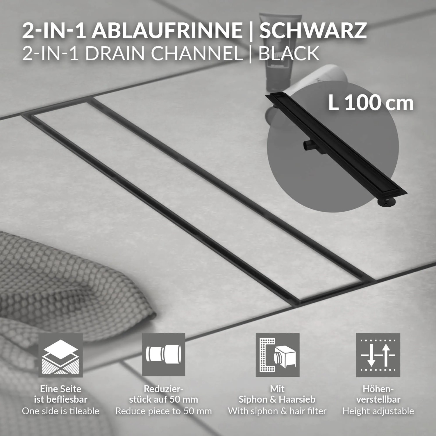 Schwarze LuxeBath Duschrinne, 100 cm, 2in1 befliesbar, extra flach. Duschzubehör für barrierefreies Bad.