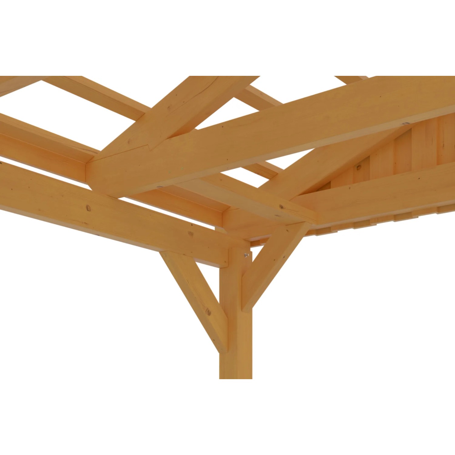 Detailansicht Skan Holz Carport Fichtelberg, Eiche Hell, Dachlattung. Holzkonstruktion.