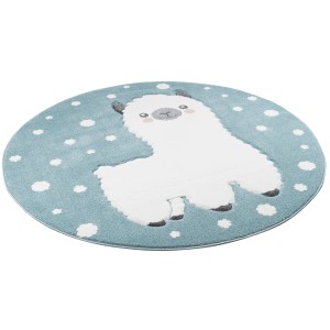 Runder, blauer Kinderteppich mit Alpaka-Motiv, 200x200 cm.