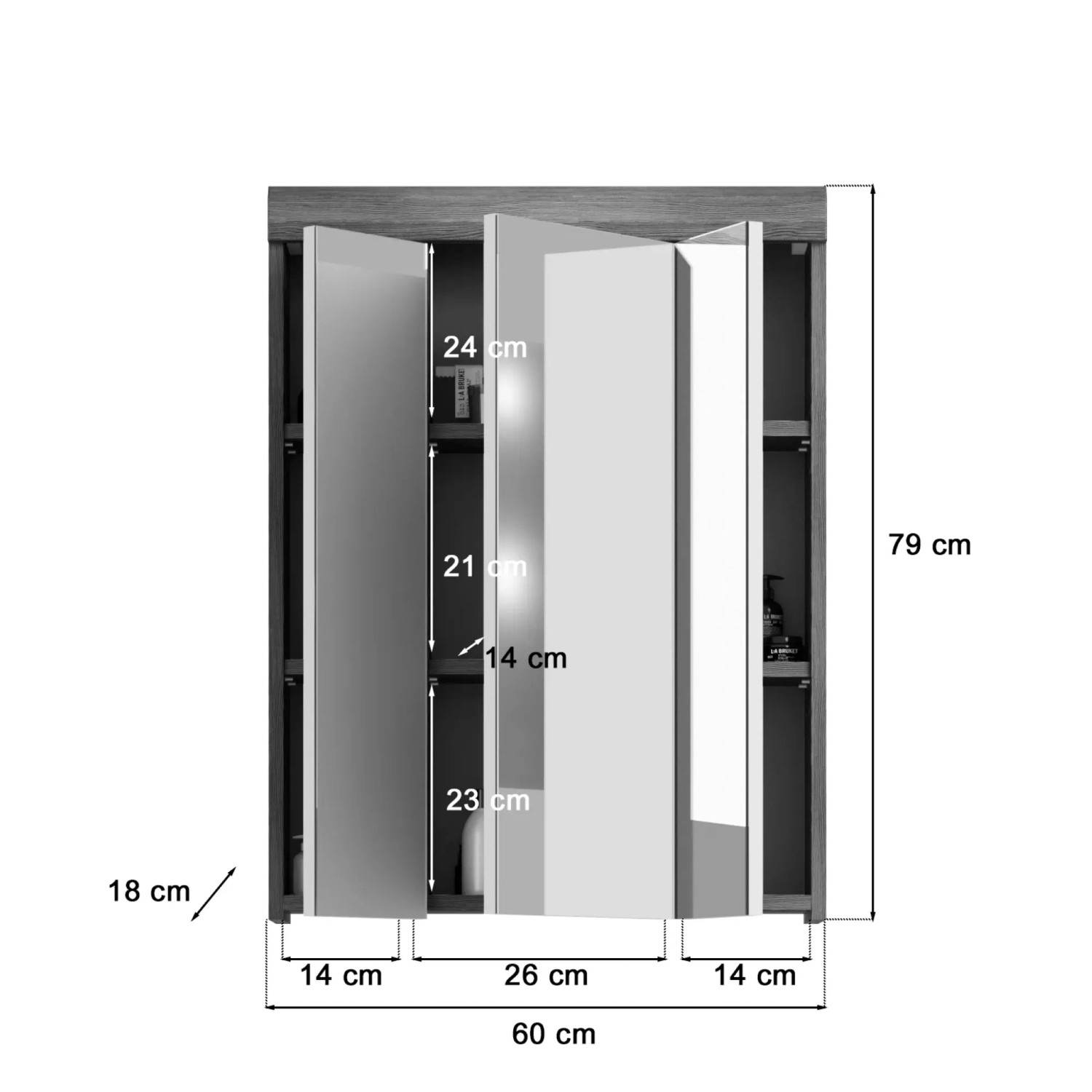 Spiegelschrank, 60x79x18 cm, Weiß/Rauchsilber, mit offenen Fächern und Maßangaben.