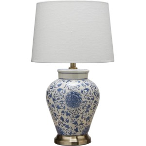 PR Home Fang Hong Tischleuchte mit blau-weißem Keramikfuß und weißem Lampenschirm.