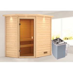 Woodfeeling Sauna Jella mit Ofen, LED-Dachkranz und bronzierter Glastür.