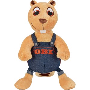 OBI Biber Plüschtier, orange, mit Jeans-Latzhose und OBI Logo. Kuschelig weiche Dekorative Figur für Kinder und Fans.