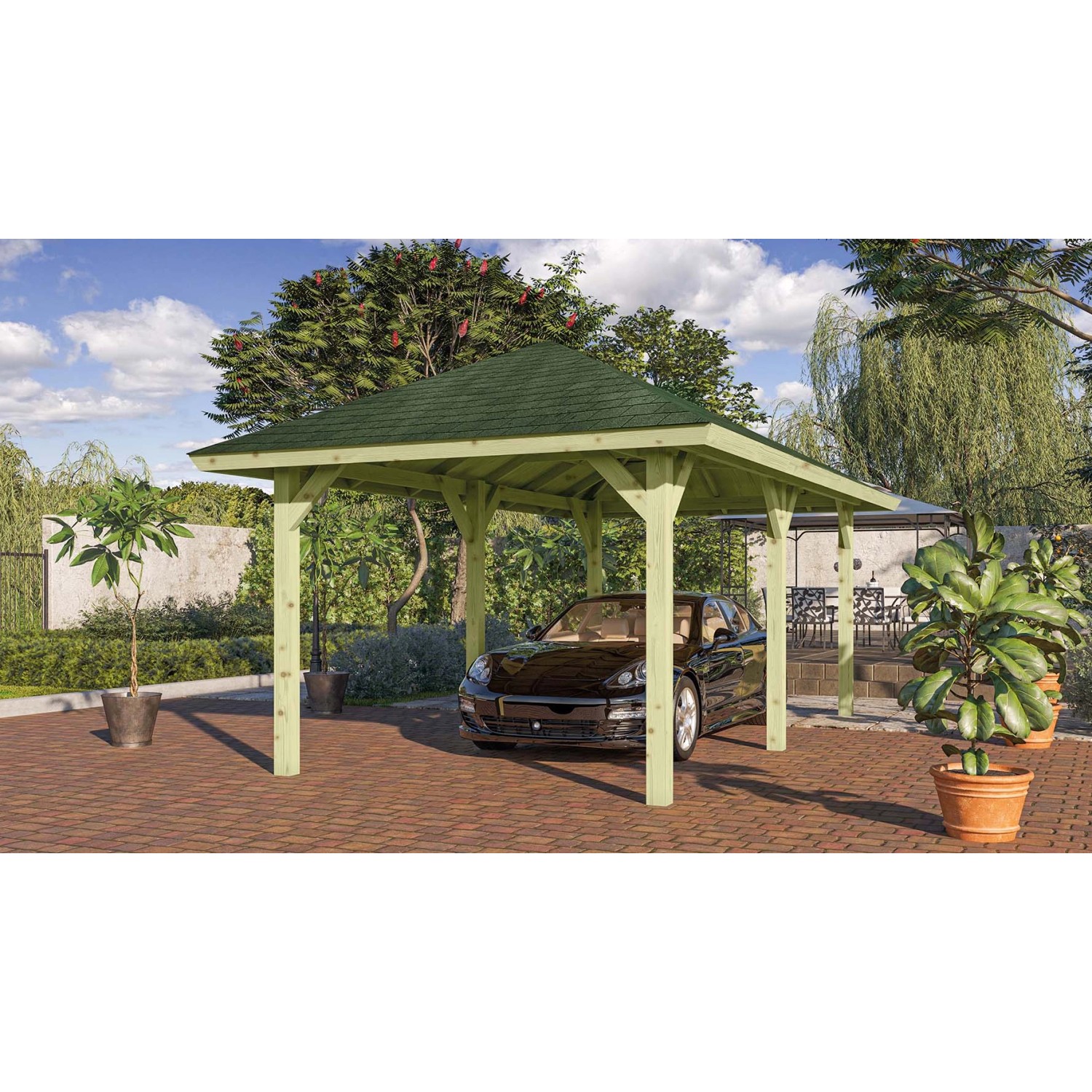 Karibu Pavillon Varberg 2 Set kdi mit Schindeln Grün 517,5 cm x 264,5 cm x290 cm