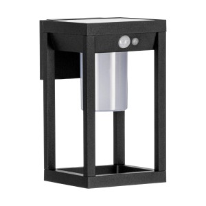 Schwarze Eglo LED Solar Wandleuchte Martano mit Sensor, 27x18cm, für den Außenbereich.