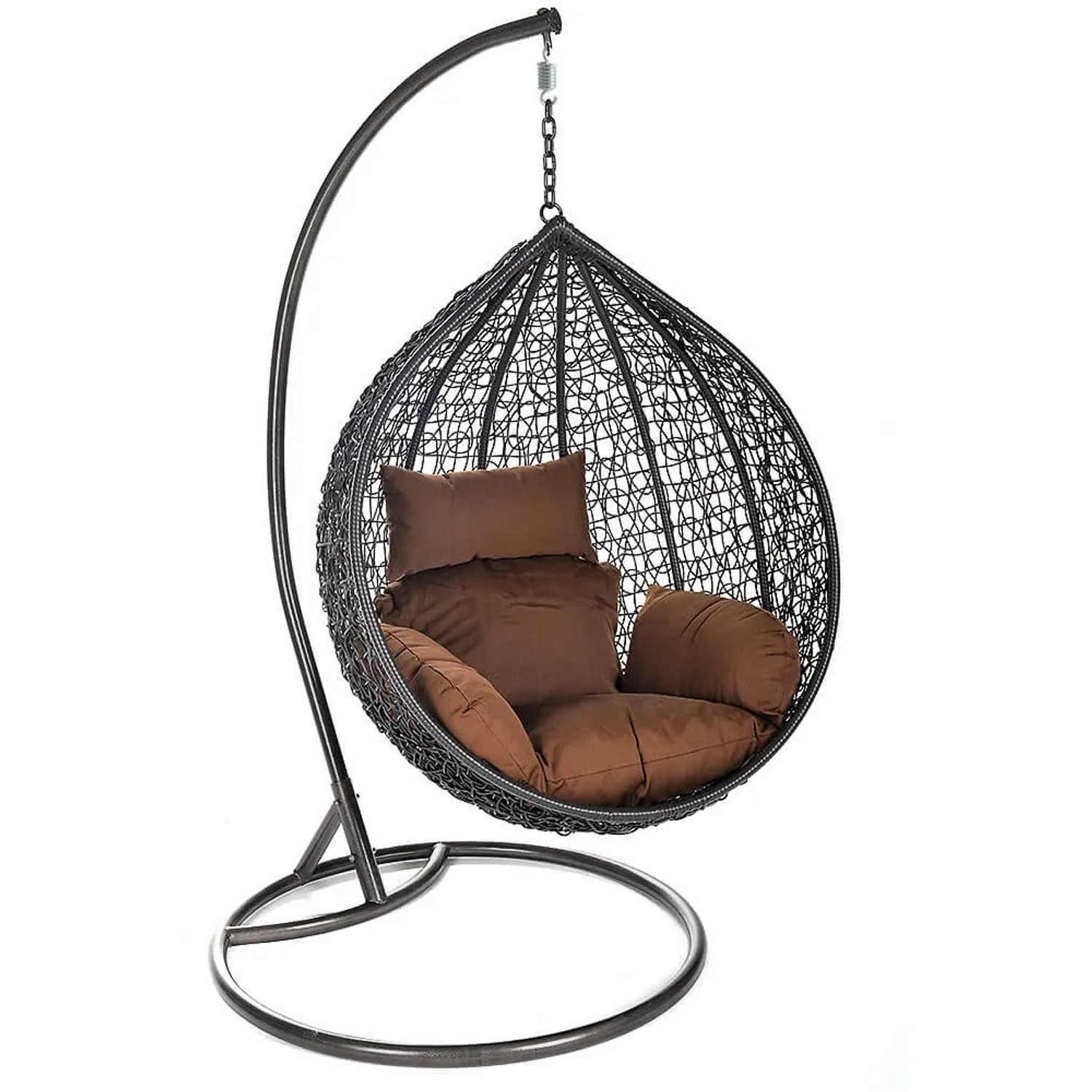 Grauer Home Deluxe Hängesessel Cielo aus Polyrattan mit braunen Kissen und Regenabdeckung.