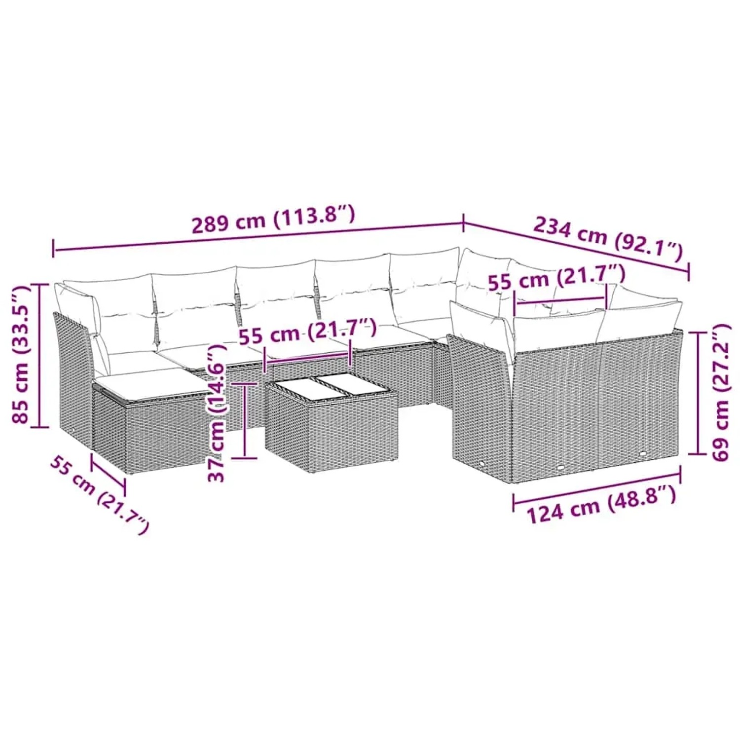Hellgraue 11-tlg. Garten-Sofagarnitur aus Polyrattan mit Kissen. Gartenmöbel-Set mit Tisch und Hockern.