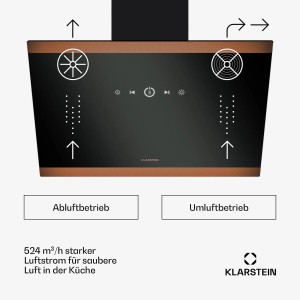 Schwarze Klarstein FlashLine 60 Dunstabzugshaube mit Touch-Bedienfeld und braunem Rand.