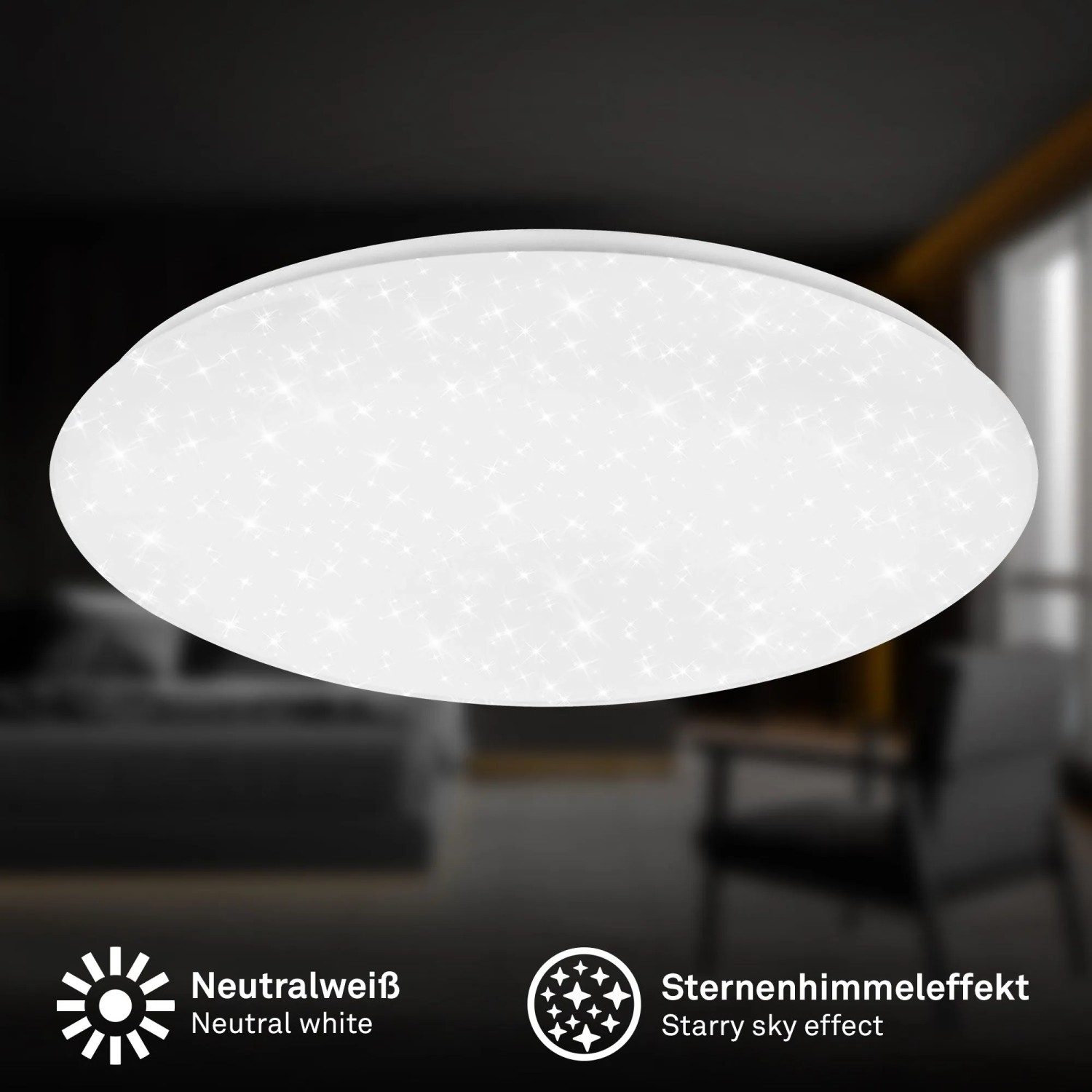 Runde Brilo LED-Deckenleuchte Verb in Weiß mit funkelndem Sternenhimmel-Effekt. Moderne LED-Beleuchtung.