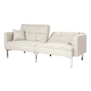 Cremefarbenes MCW Schlafsofa K65 aus Stoff mit verstellbarer Rückenlehne und Kissen.