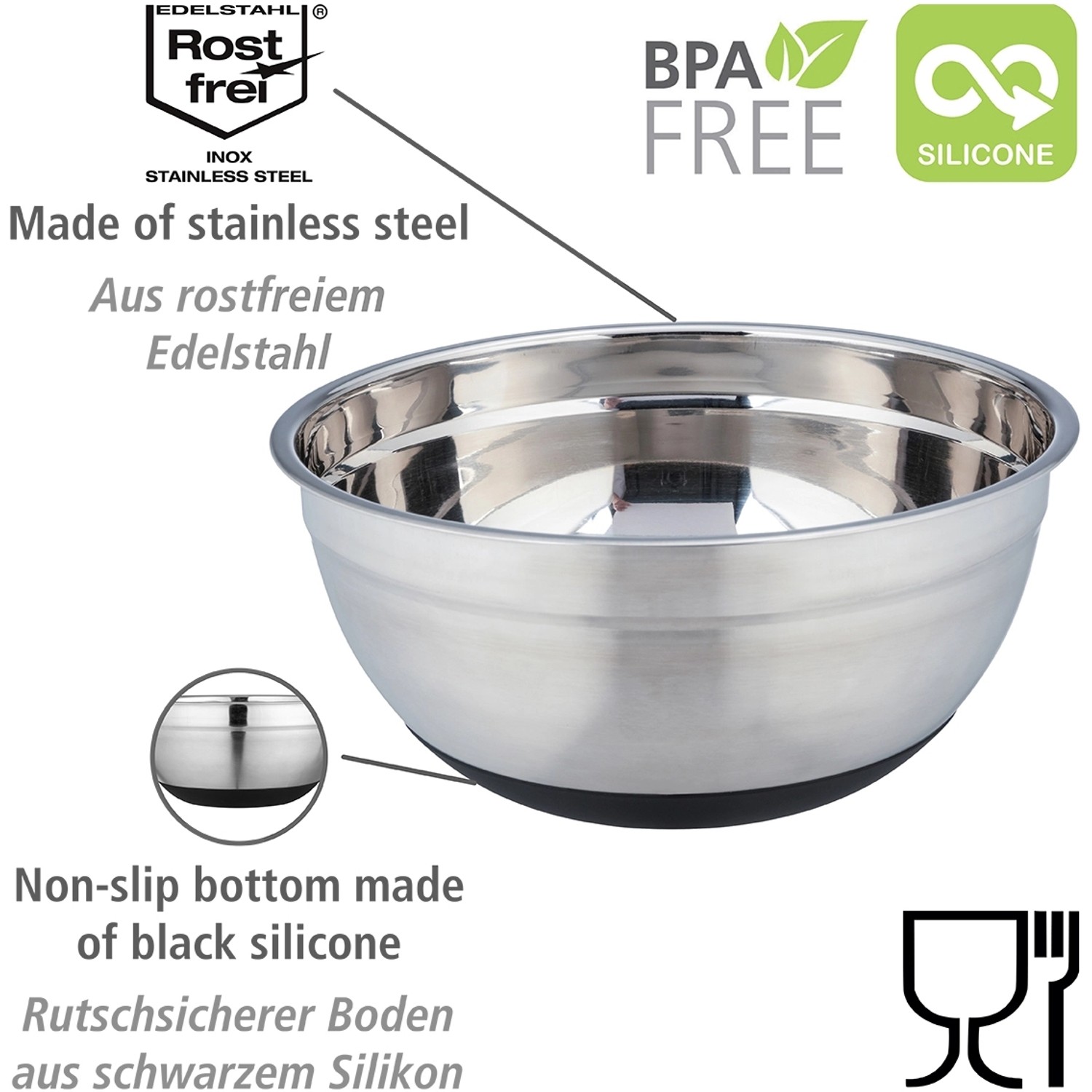 Wenko Schüssel Aru, 4 l, aus Edelstahl mit rutschfestem Silikonboden, ideal für Grillutensilien.