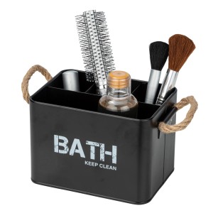 Schwarze Wenko Badbox Gara mit 4 Fächern und Kordelgriffen, gefüllt mit Badutensilien.