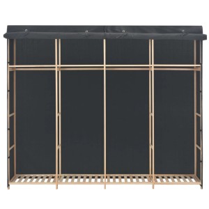 Grauer Stoff-Kleiderschrank (200x40x170cm) mit Holzrahmen und offenen Fächern.