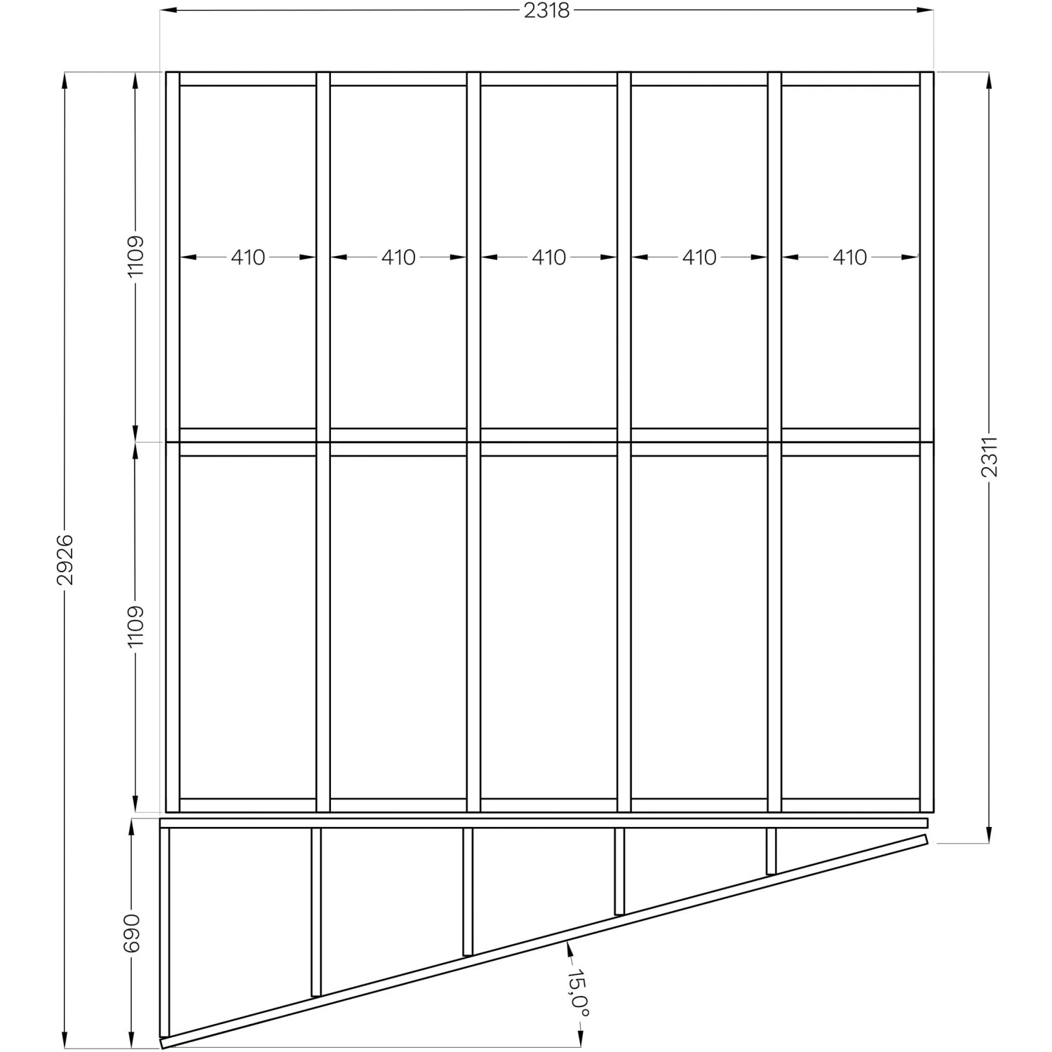 Technische Zeichnung Bertilo Gartenhaus Concept, 297x234 cm, Anthrazit, Maße und Winkel.
