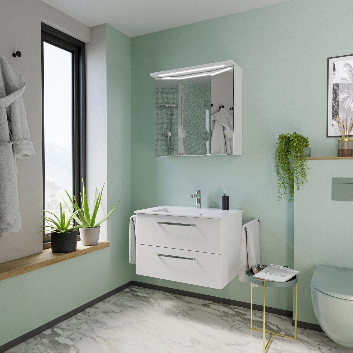 Pelipal Spiegelschrank Trentino, weiß glänzend, 75 cm breit, mit Beleuchtung im Badezimmer.