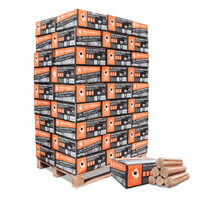 Große Palette Heizfuxx BBQ-Buchenholzbriketts (972kg) mit 54 Paketen und einzelnen runden Buchenholz-Briketts für Grill & Kamin.