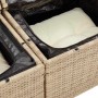 Detailaufnahme: Beige Poly Rattan Garten-Sofagarnitur mit wasserfestem Staufach und Kissen.