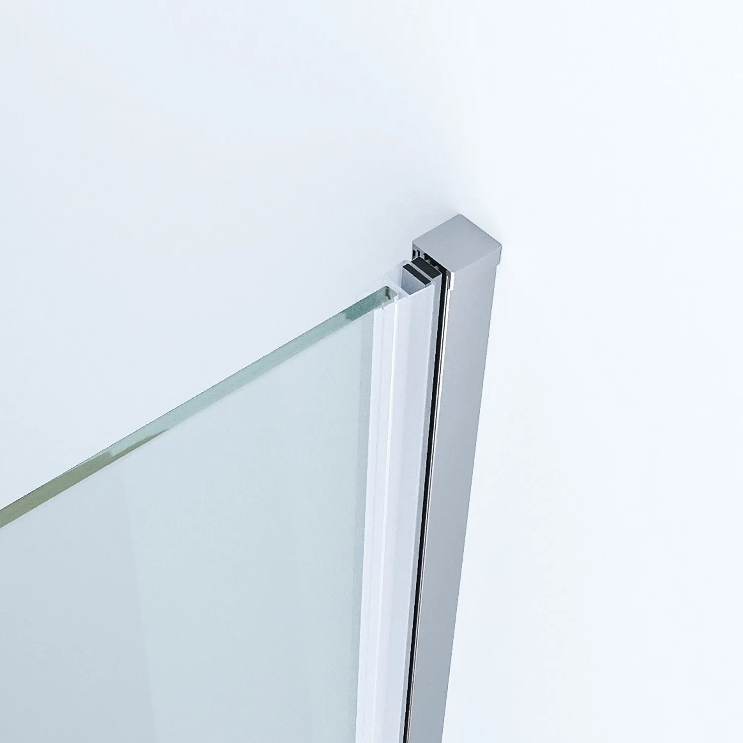 Detailaufnahme: Aquabatos Duschkabine Nischentür mit Chromprofil und ESG Sicherheitsglas.