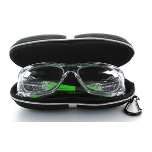 Schwarzes Varionet Safety Brillenetui mit Schutzbrille und Karabinerhaken.